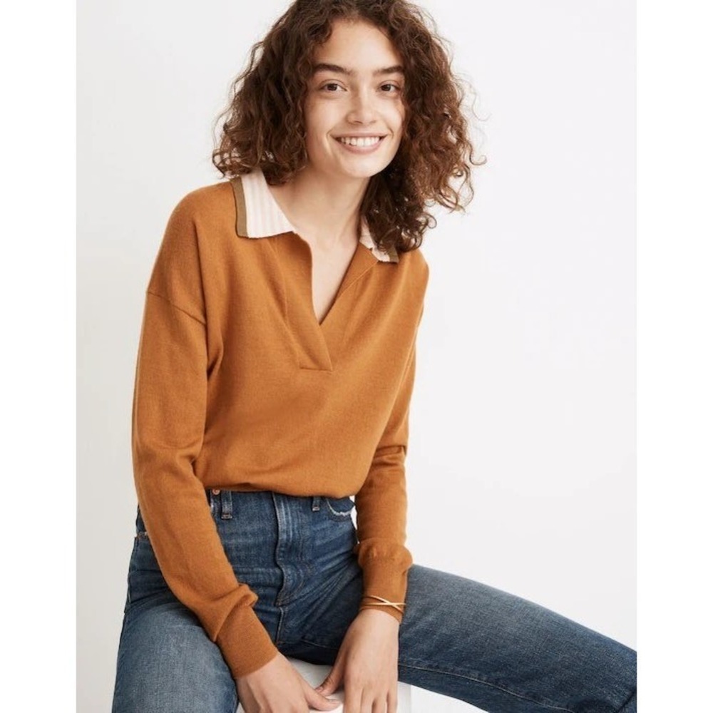 Madewell Rusty Orange V-Neck Sweater with Cream Collar